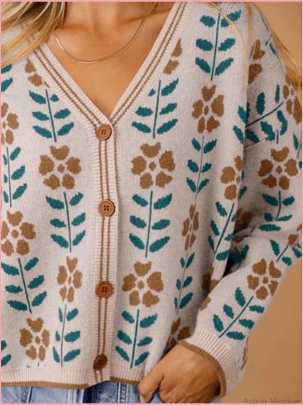 Floral Print V-Neck Cardigan Open Front Button Down Knit Sweater Long Sleeve - Picture 4 of 7
